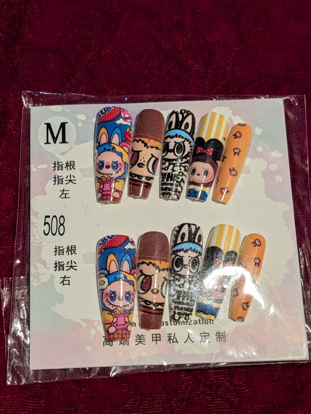 M Cartoon Character Press-On Nail Set in Orange and Blue Size M